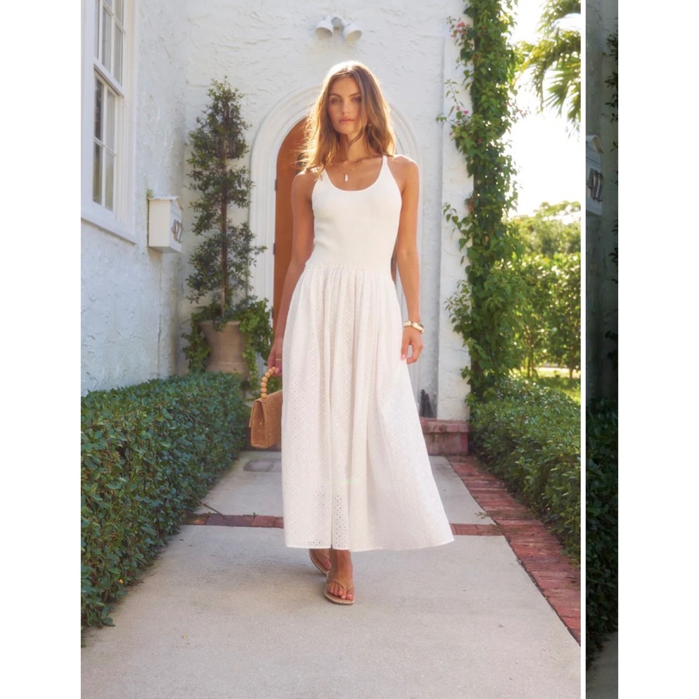 NWT Elan White Eyelet Mixed Media Midi Dress Ribbed Knit Sleeveless Size Medium
